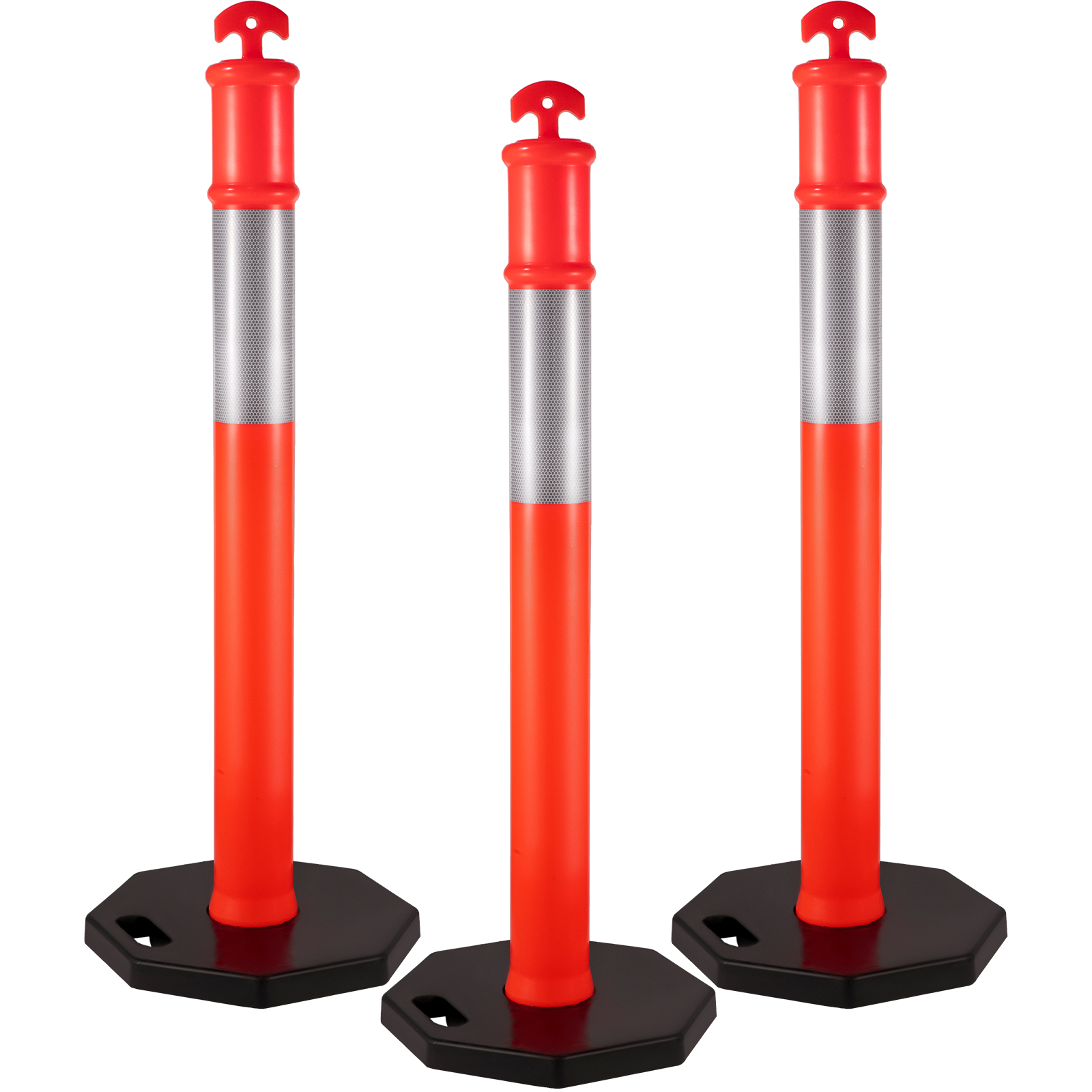 three VEVOR traffic delineator posts with reflective bands and black bases.