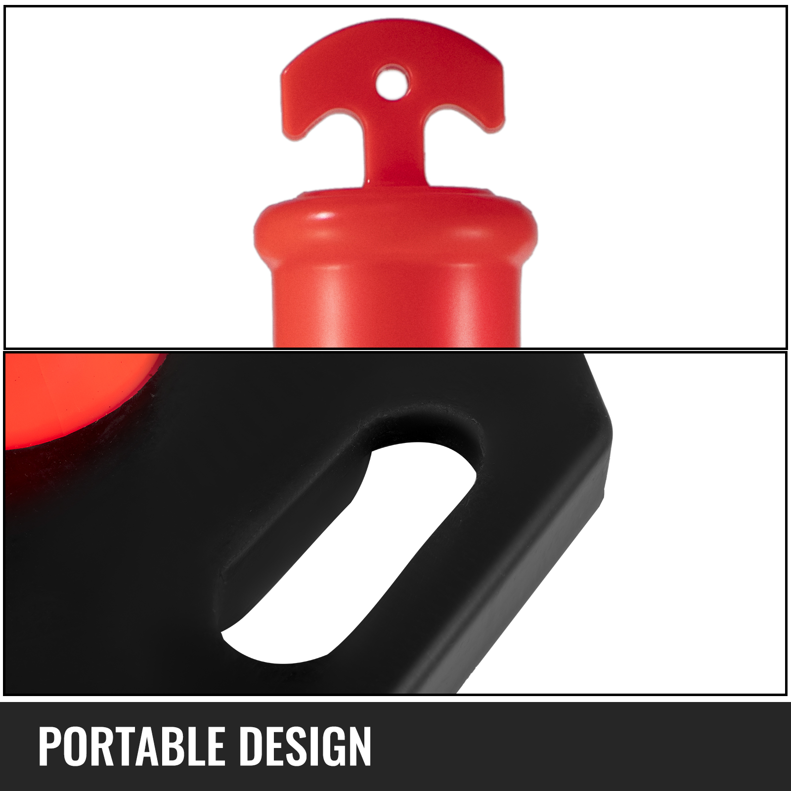VEVOR traffic delineator posts - close-up of red top and black base handle. portable design.