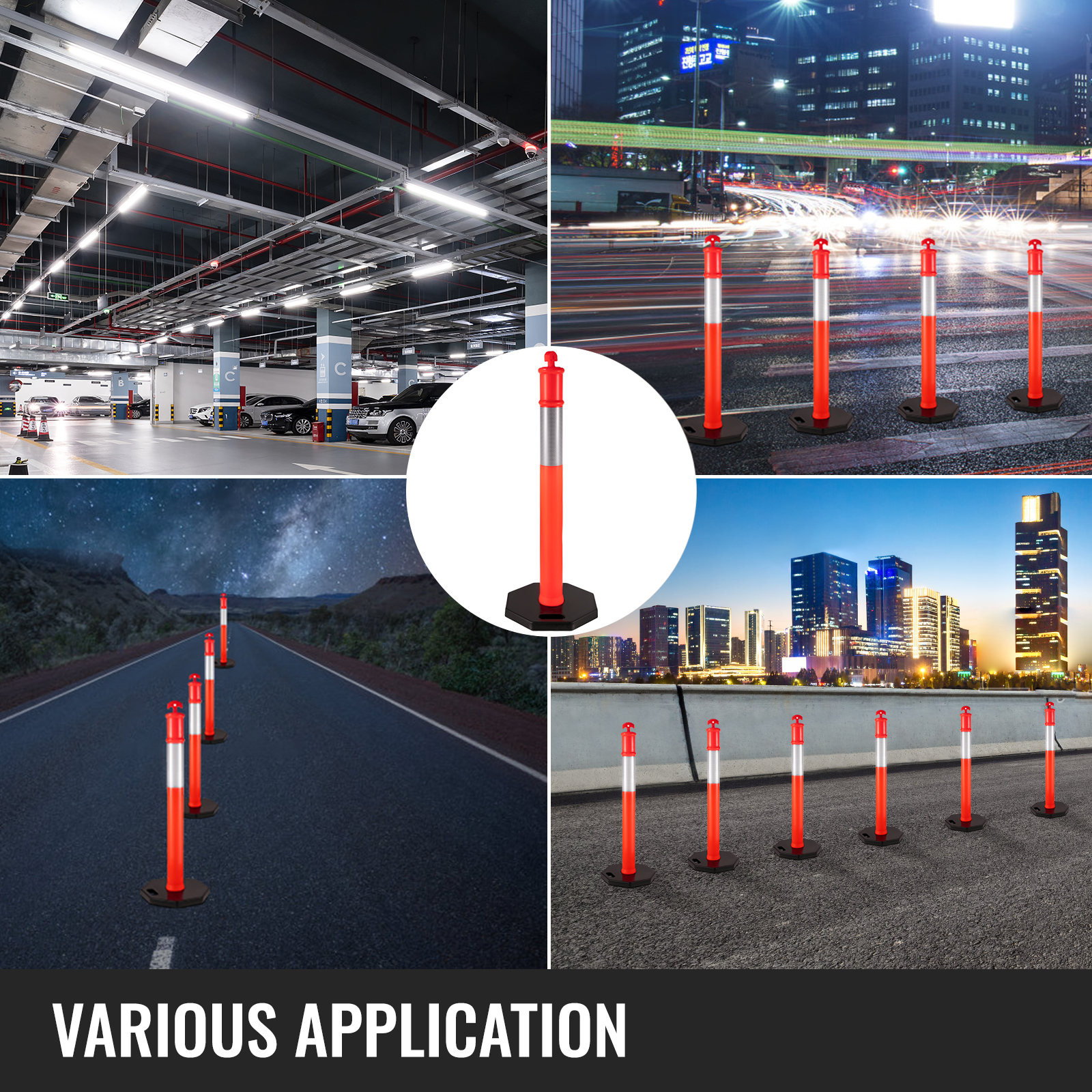 VEVOR traffic delineator posts used in parking lots, roads, and urban settings.