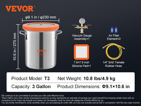 VEVOR vacuum chamber t3 with silicone pad, rubber hose, air filter, and gauge assembly, 3-gallon capacity.