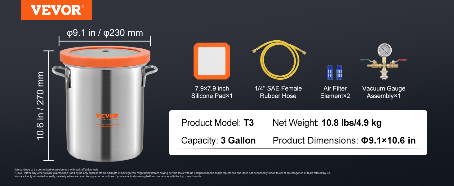 VEVOR vacuum chamber t3 with silicone pad, rubber hose, air filter, and gauge assembly, 3-gallon capacity.