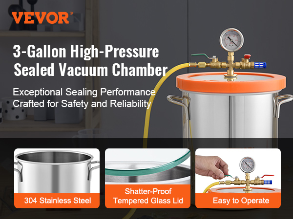 VEVOR 3-gallon high-pressure vacuum chamber with 304 stainless steel and tempered glass lid.