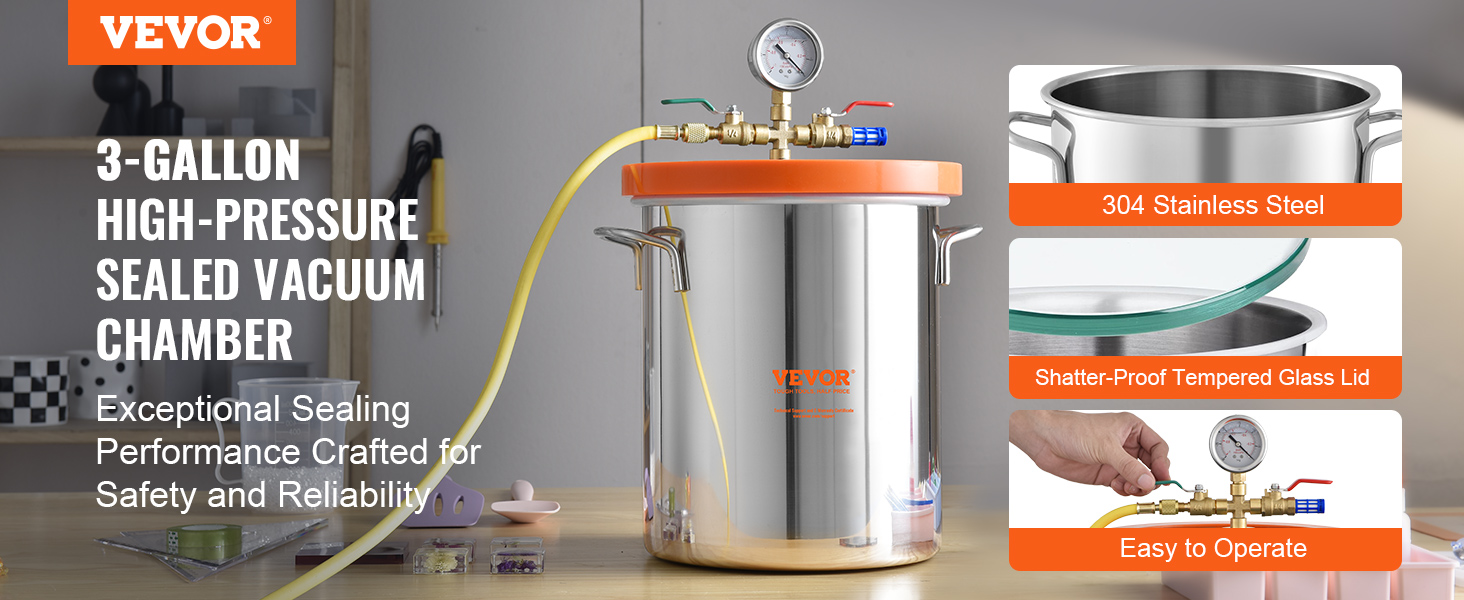 VEVOR 3-gallon high-pressure vacuum chamber with 304 stainless steel and tempered glass lid.