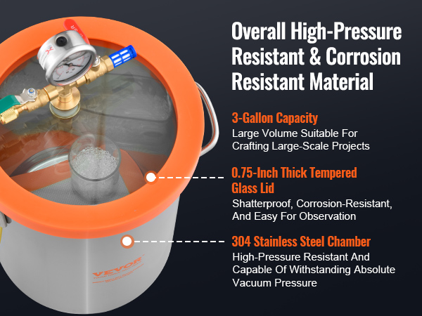 VEVOR vacuum chamber with 3-gallon capacity, 0.75-inch tempered glass lid, and 304 stainless steel.