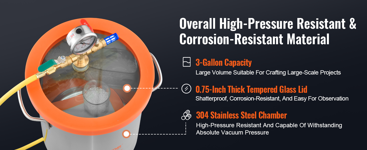VEVOR vacuum chamber with 3-gallon capacity, 0.75-inch tempered glass lid, and 304 stainless steel.