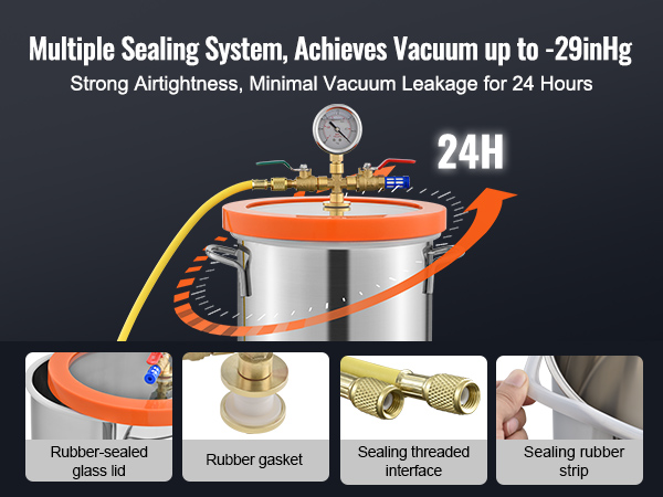 VEVOR vacuum chamber, multiple sealing system, rubber-sealed glass lid, rubber gasket, 24-hour airtight.