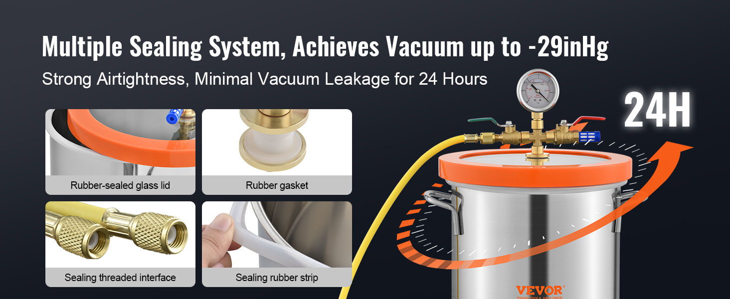 VEVOR vacuum chamber, multiple sealing system, rubber-sealed glass lid, rubber gasket, 24-hour airtight.