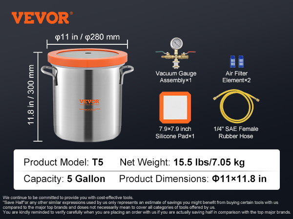 VEVOR vakuuma kamera t5, 5 galonu ietilpība, 15,5 lbs, ietilpst silikona spilventiņš, gumijas šļūtene, gaisa filtrs, mērītājs.