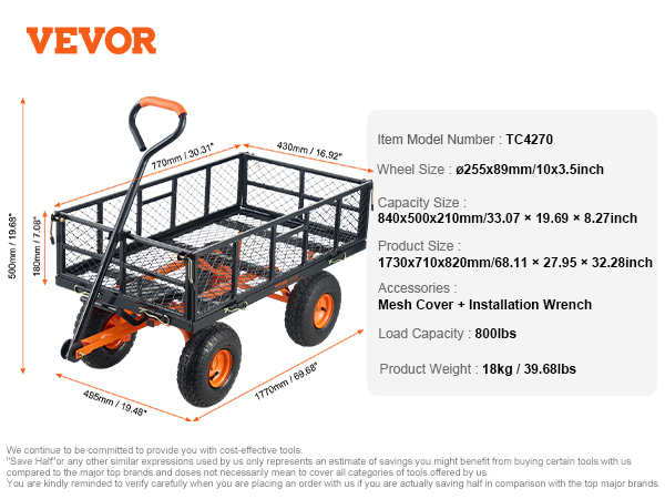 VEVOR dump cart with 400lbs load capacity, featuring mesh sides, orange wheels, and a pull handle.