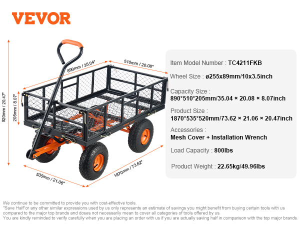 VEVOR dump cart with handle, 880lbs load capacity, mesh cover, and four orange wheels.