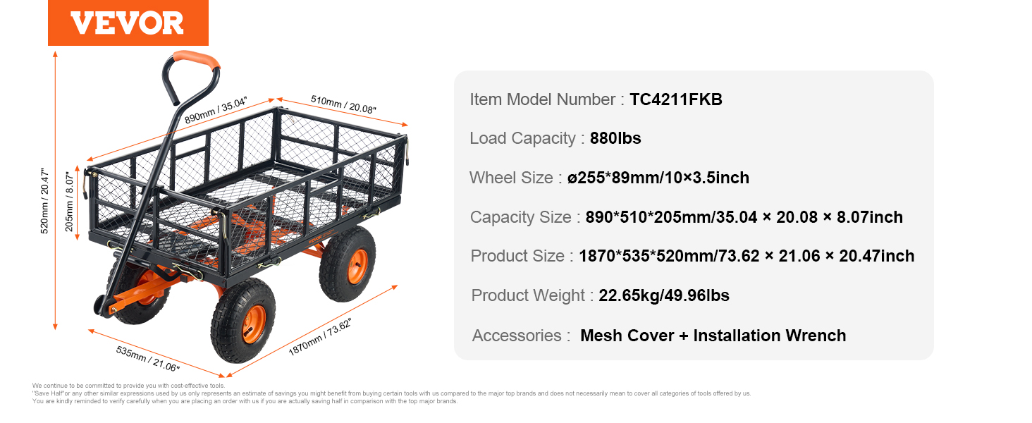 VEVOR dump cart with handle, 880lbs load capacity, mesh cover, and four orange wheels.