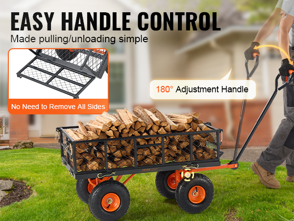 VEVOR dump cart loaded with firewood, easy handle control with 180° adjustment, garden setting.