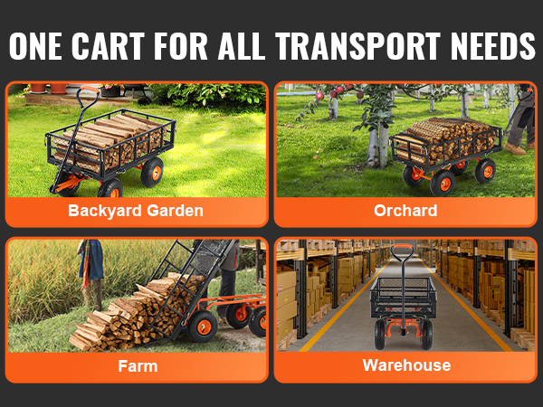 VEVOR dump cart for backyard, orchard, farm, and warehouse transport with wood logs.