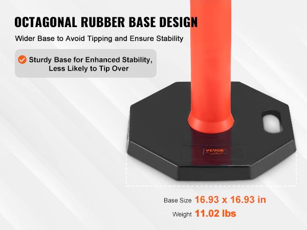 VEVOR traffic delineator with an octagonal rubber base for enhanced stability and tipping prevention.