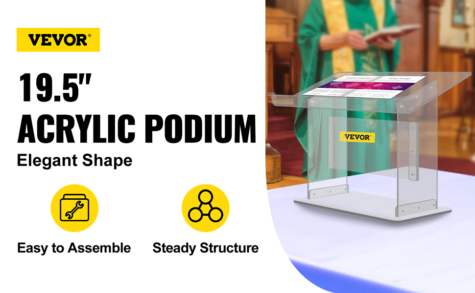 VEVOR acrylic podium with elegant shape, easy to assemble and steady structure.