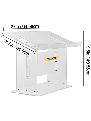 VEVOR acrylic podium with dimensions: 27x13.7x19.5 inches.