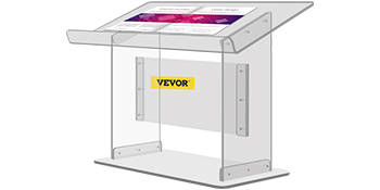 VEVOR acrylic podium with transparent body and a yellow VEVOR logo on the front.
