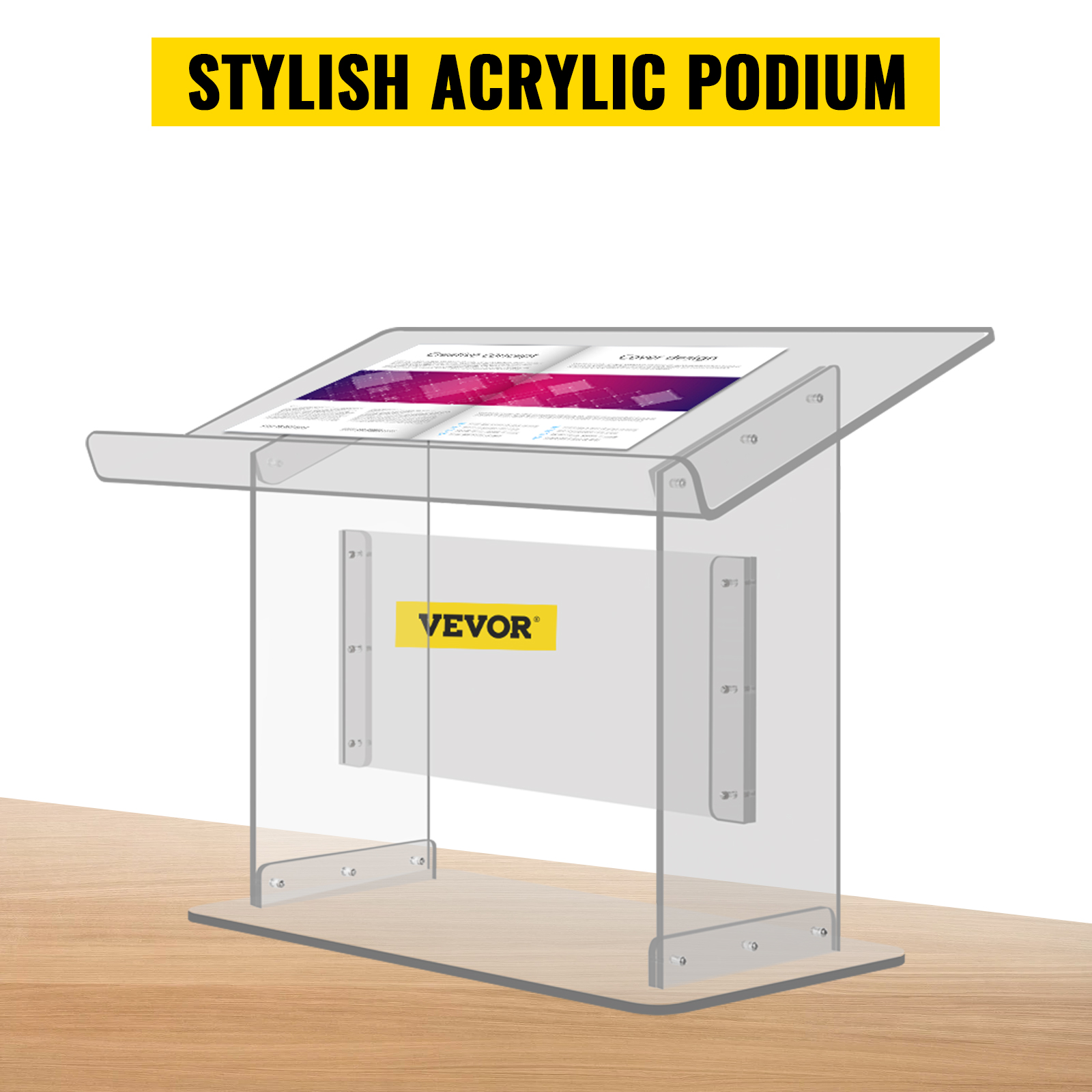 VEVOR acrylic podium on wooden tabletop with documents displayed, stylish design