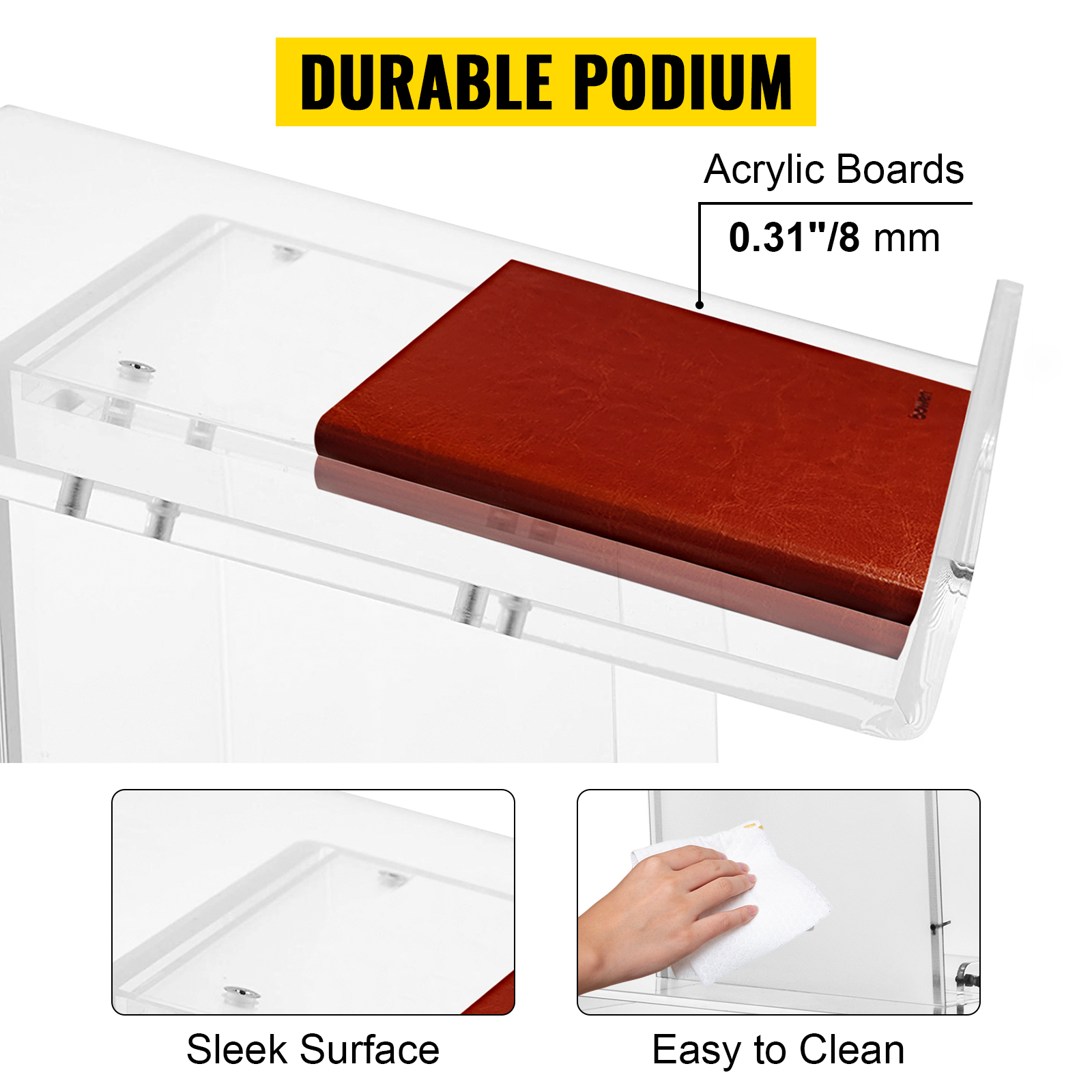 VEVOR acrylic podium showcasing sleek surface, easy to clean, and durable design.