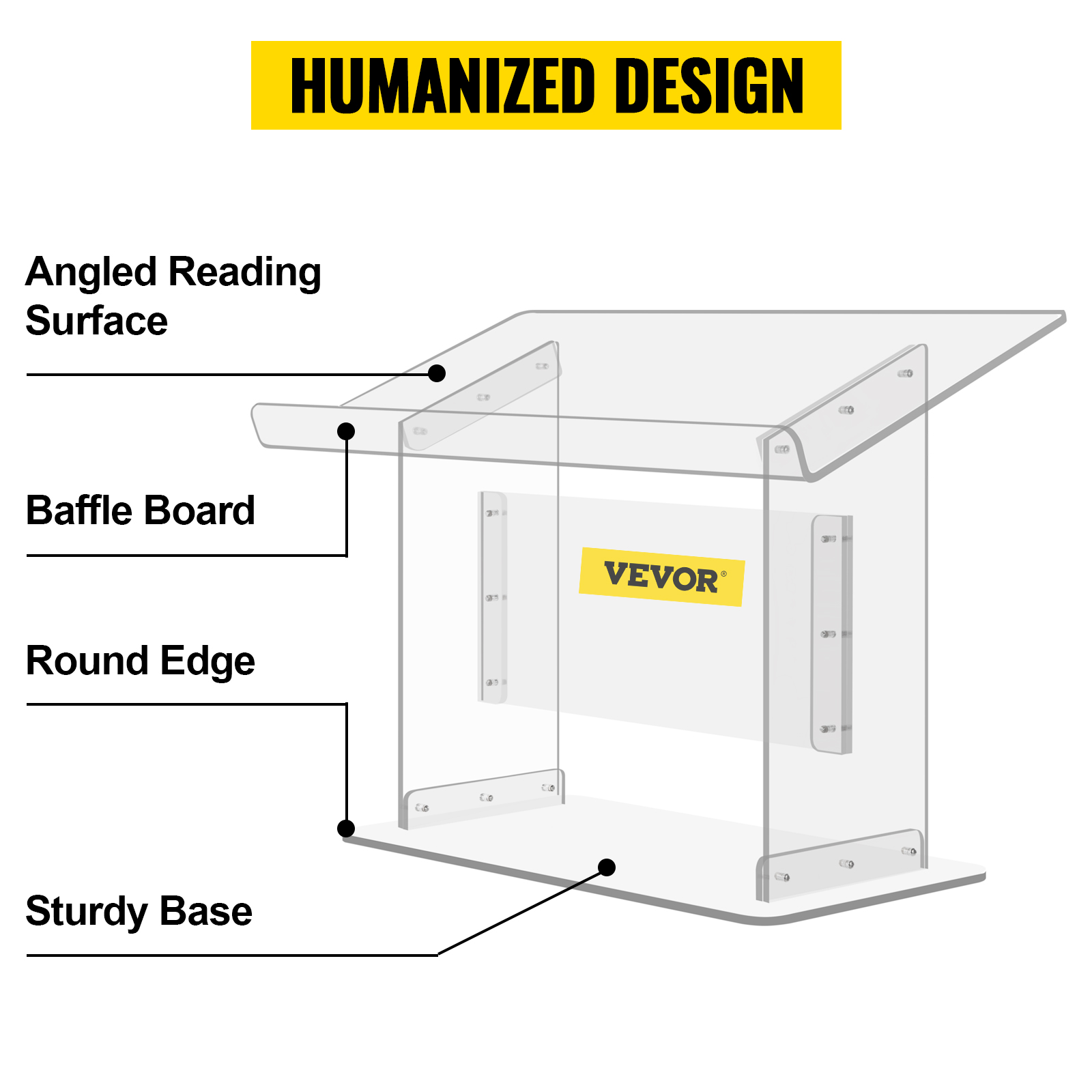 VEVOR acrylic podium with angled reading surface, baffle board, round edge, and sturdy base.