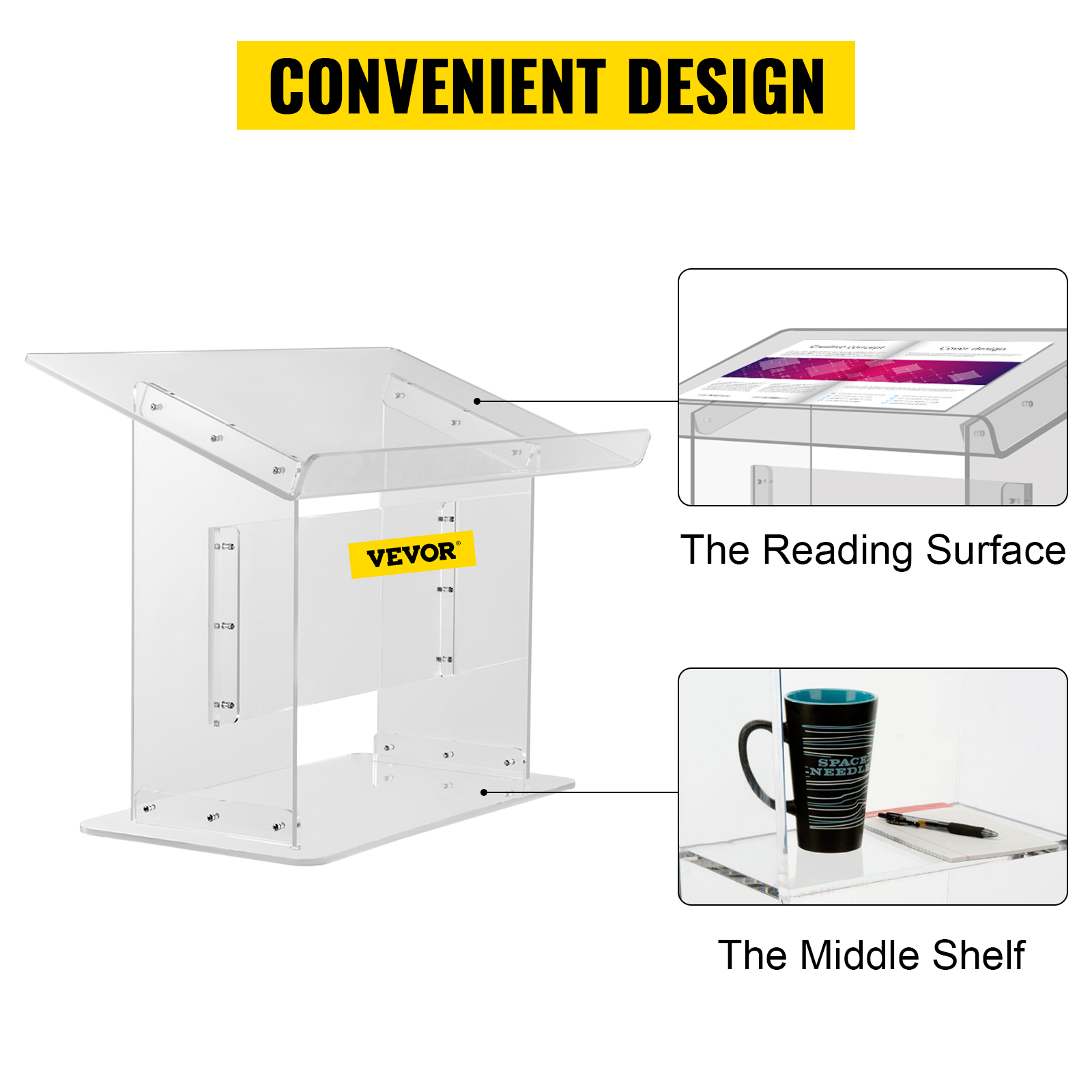 VEVOR acrylic podium featuring a reading surface and middle shelf. convenient design.