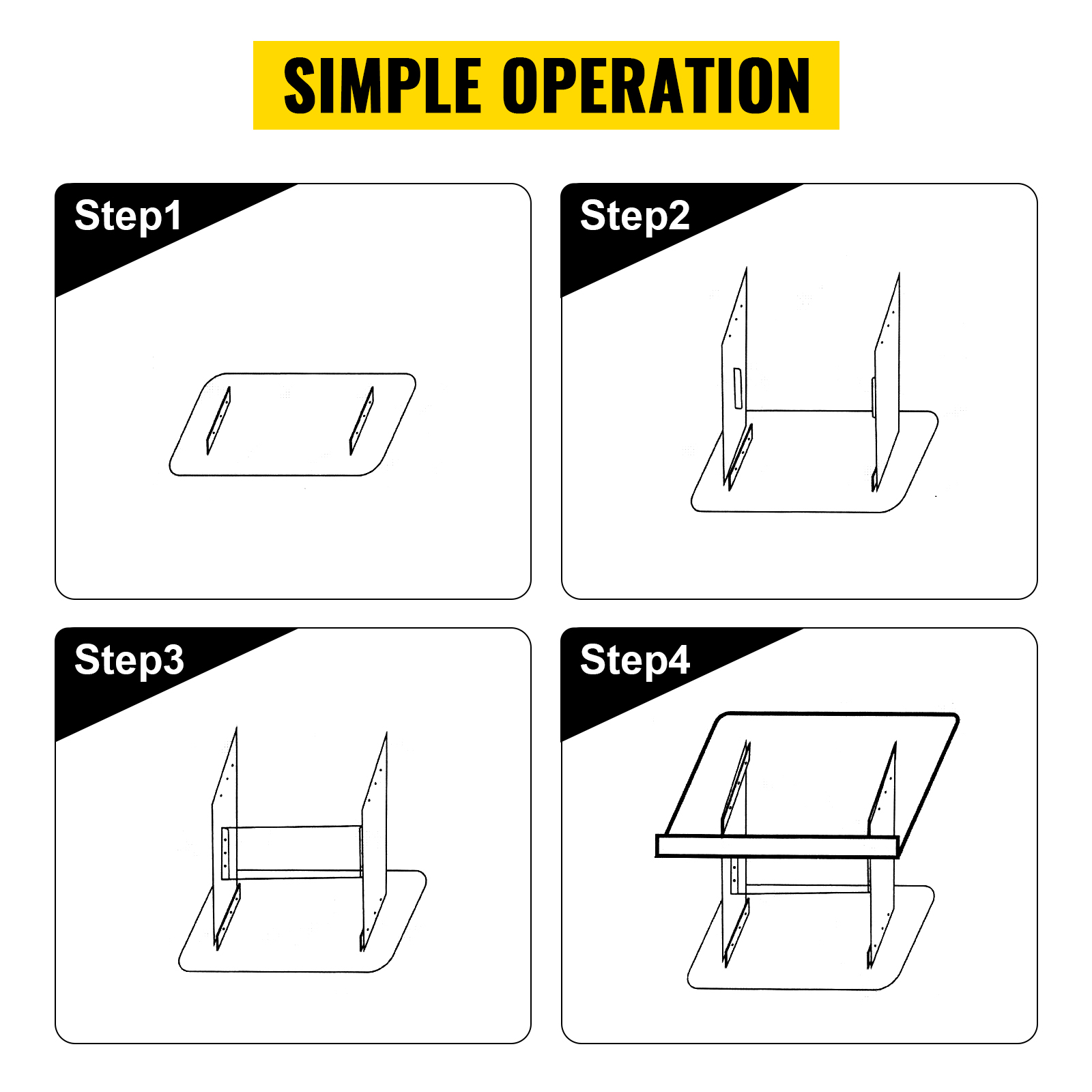assembly steps for VEVOR acrylic podium: base, side panels, support, top. simple operation.