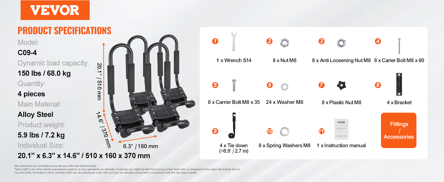 VEVOR kayak roof rack, model c09-4, 150 lb capacity, alloy steel, includes 4 racks, bolts, nuts, and manual.