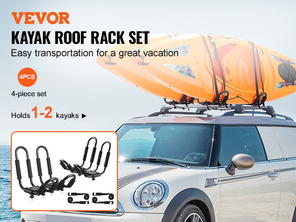 VEVOR kayak roof rack holds two orange kayaks on car roof, ideal for easy transportation.