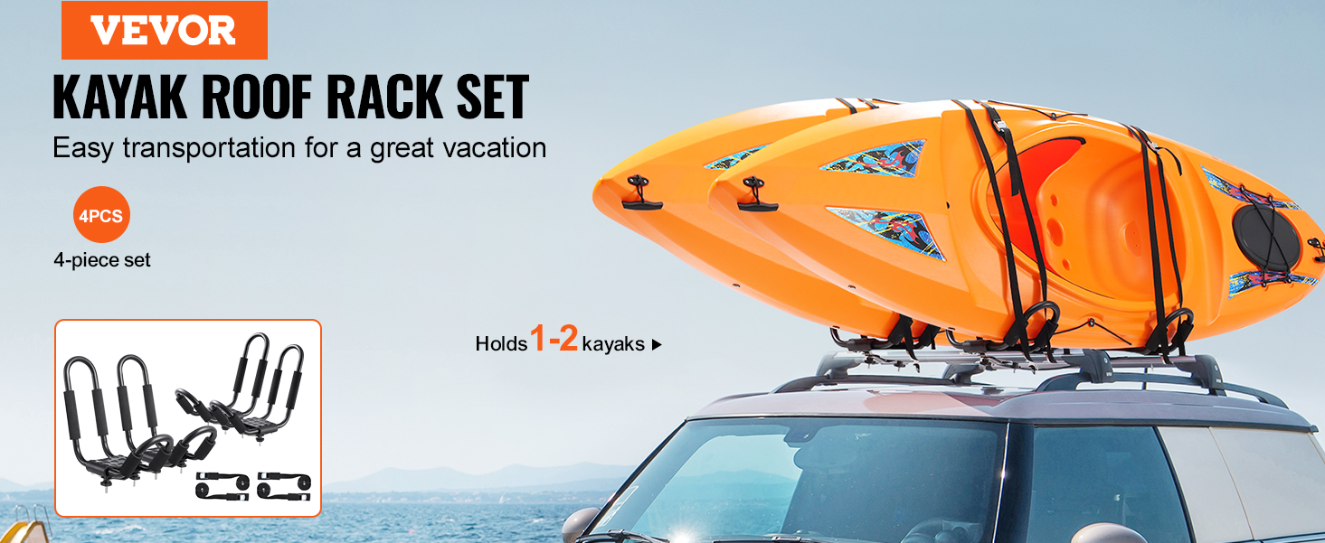 VEVOR kayak roof rack holds two orange kayaks on car roof, ideal for easy transportation.