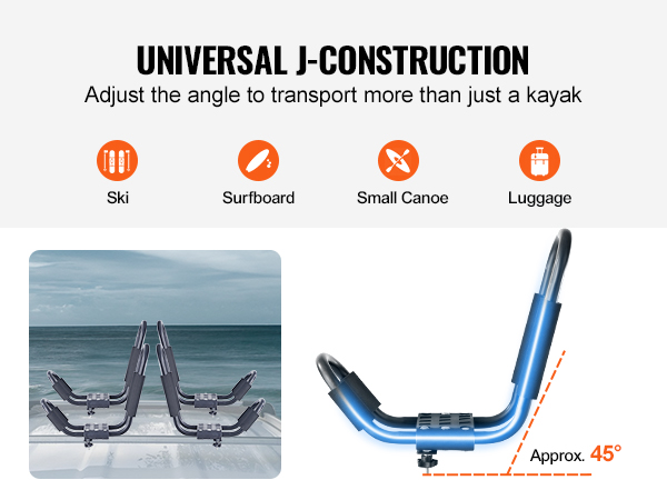 universal j-construction VEVOR kayak roof rack for kayak, ski, surfboard, small canoe, and luggage.