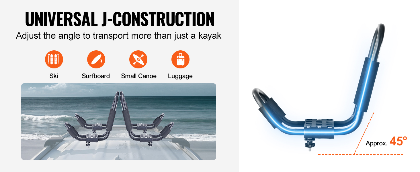 universal j-construction VEVOR kayak roof rack for kayak, ski, surfboard, small canoe, and luggage.