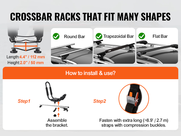 crossbar racks fitting round, trapezoidal, and flat bars, installation steps for VEVOR kayak roof rack.