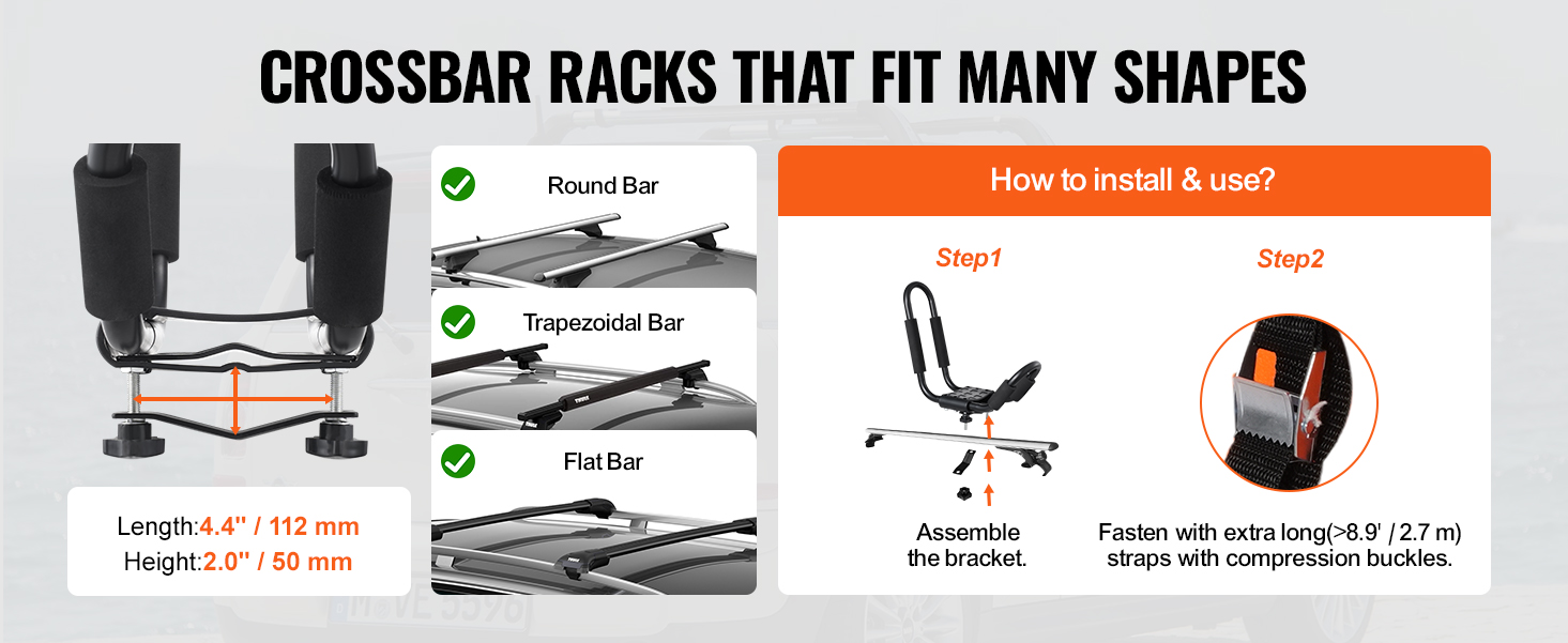crossbar racks fitting round, trapezoidal, and flat bars, installation steps for VEVOR kayak roof rack.