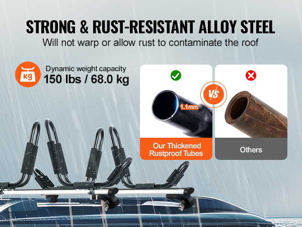 strong rust-resistant alloy steel VEVOR kayak roof rack with a dynamic weight capacity of 150 lbs.