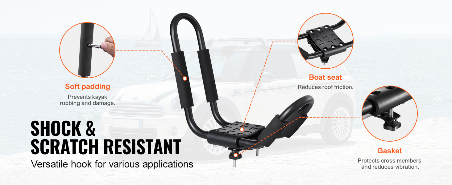 VEVOR kayak roof rack with soft padding, boat seat, and gasket for shock resistance and durability.
