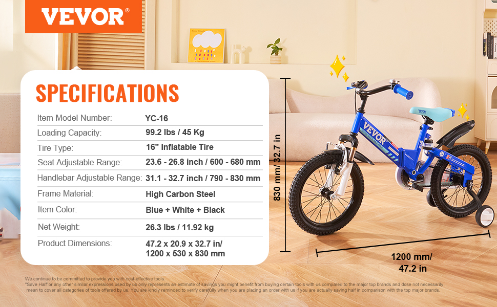 VEVOR toddler balance bike, yc-16 model, blue color, specifications displayed, indoor setting.