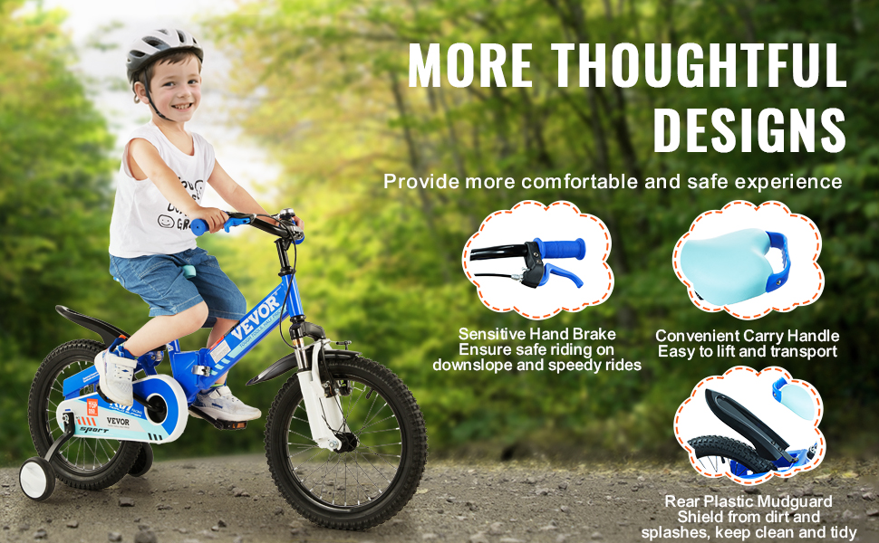 child riding VEVOR toddler balance bike with training wheels and showcasing hand brake, carry handle, and mudguard.
