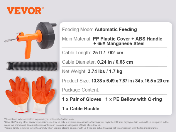 VEVOR drain auger with 25ft cable, plastic cover, abs handle, manganese steel spring, gloves included.