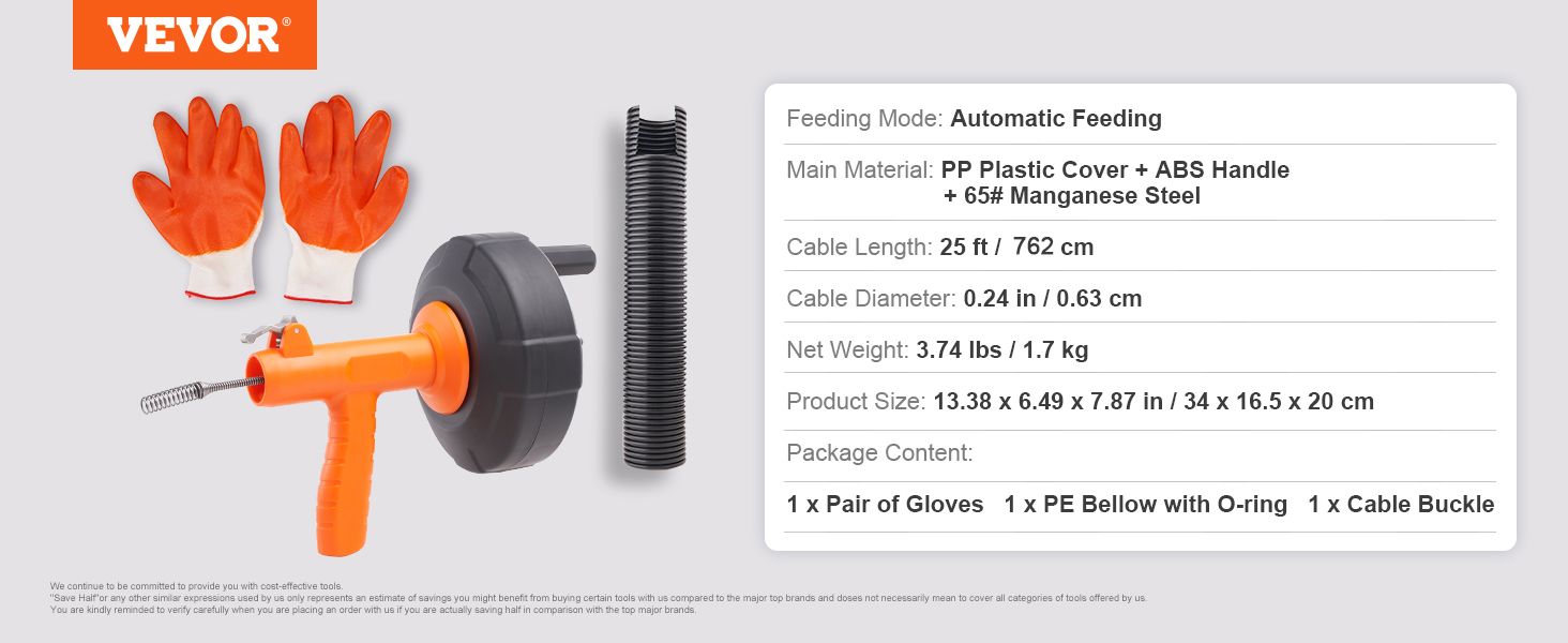 VEVOR drain auger with 25ft cable, plastic cover, abs handle, manganese steel spring, gloves included.