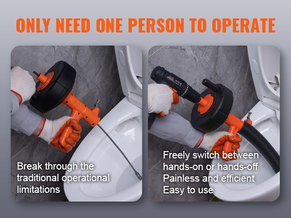 person operating VEVOR drain auger on toilet, highlighting ease of use and efficiency.