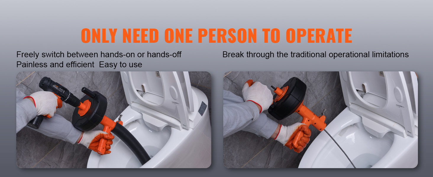 person operating VEVOR drain auger on toilet, highlighting ease of use and efficiency.