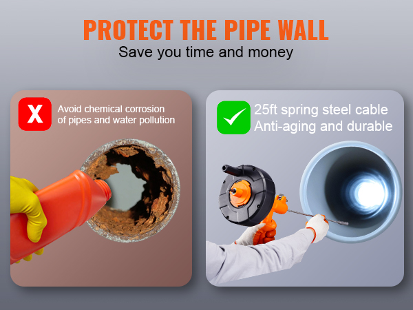 VEVOR drain auger: avoid chemical corrosion, use 25ft spring steel cable for durable pipe protection.
