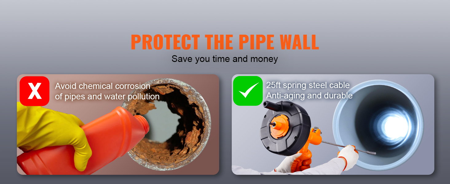 VEVOR drain auger: avoid chemical corrosion, use 25ft spring steel cable for durable pipe protection.