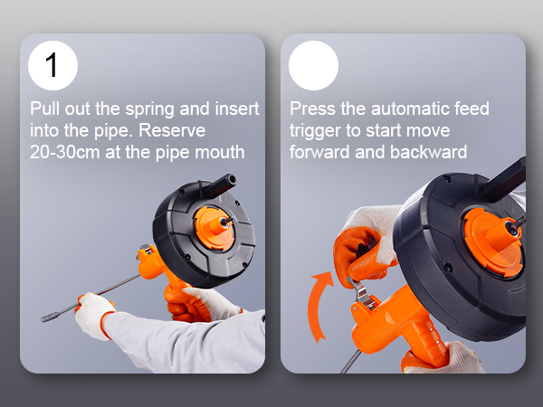 effortless operation of VEVOR drain auger with automatic feed trigger for easy plumbing tasks.