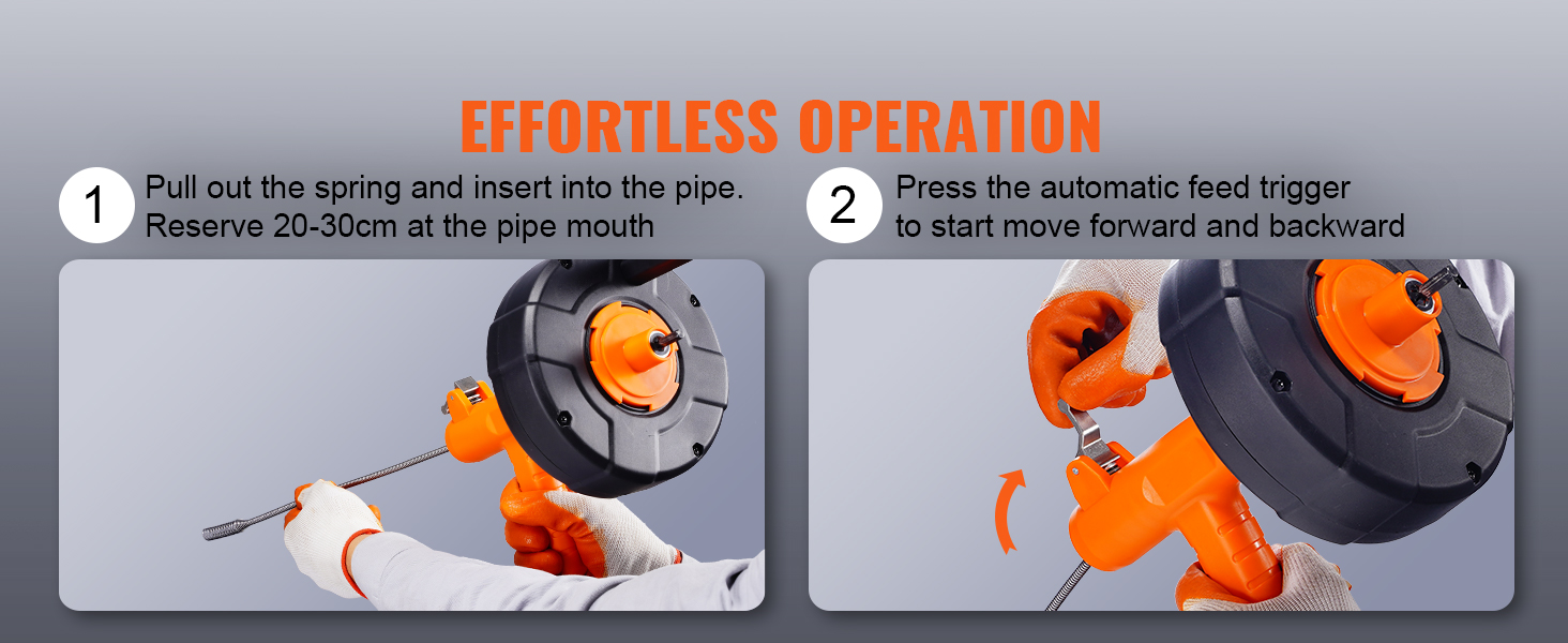 effortless operation of VEVOR drain auger with automatic feed trigger for easy plumbing tasks.