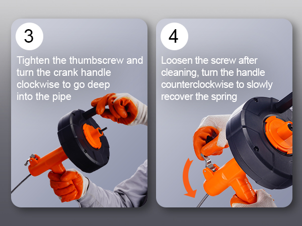 effortless operation of VEVOR drain auger, showing steps to tighten thumbscrew and loosen screw.