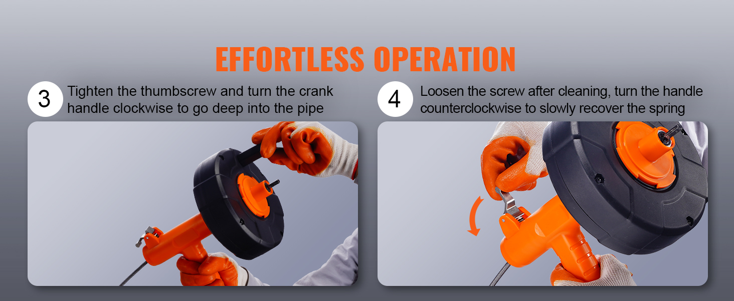 effortless operation of VEVOR drain auger, showing steps to tighten thumbscrew and loosen screw.