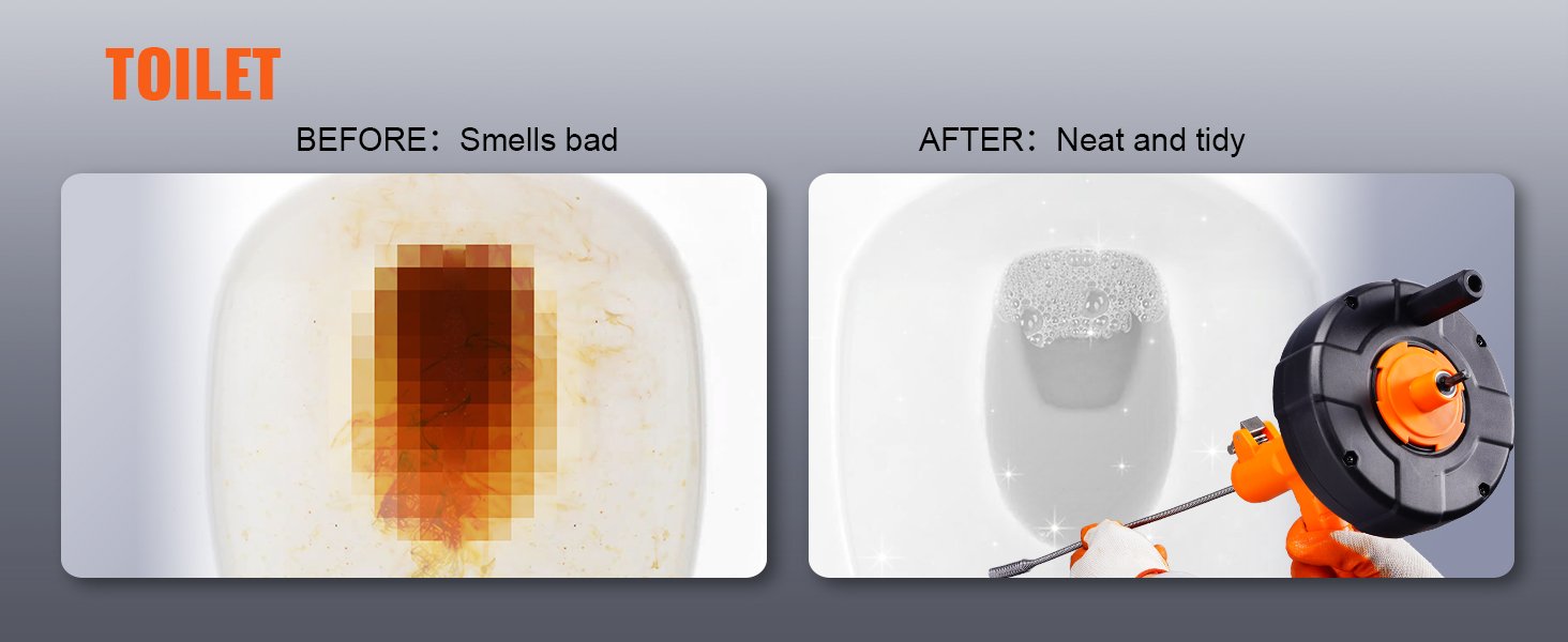toilet cleaning before and after using VEVOR drain auger; from dirty to sparkling clean.