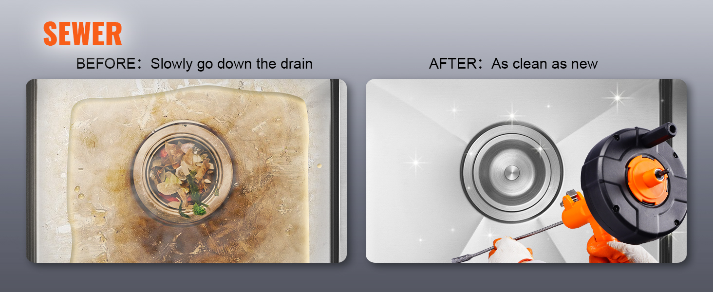 VEVOR drain auger cleans blocked drain; before and after comparison of dirty and clean sink.