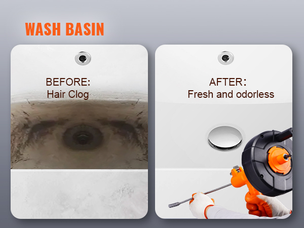 VEVOR drain auger clearing hair clog from wash basin, before and after comparison, fresh and odorless.